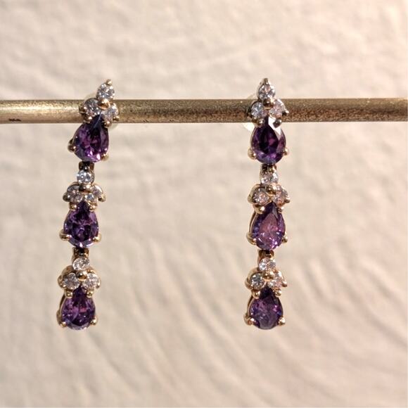 925 Sterling Gold Vermeil Triple Purple Crystal CZ Dangle 1.25" Long Earrings - Picture 4 of 4